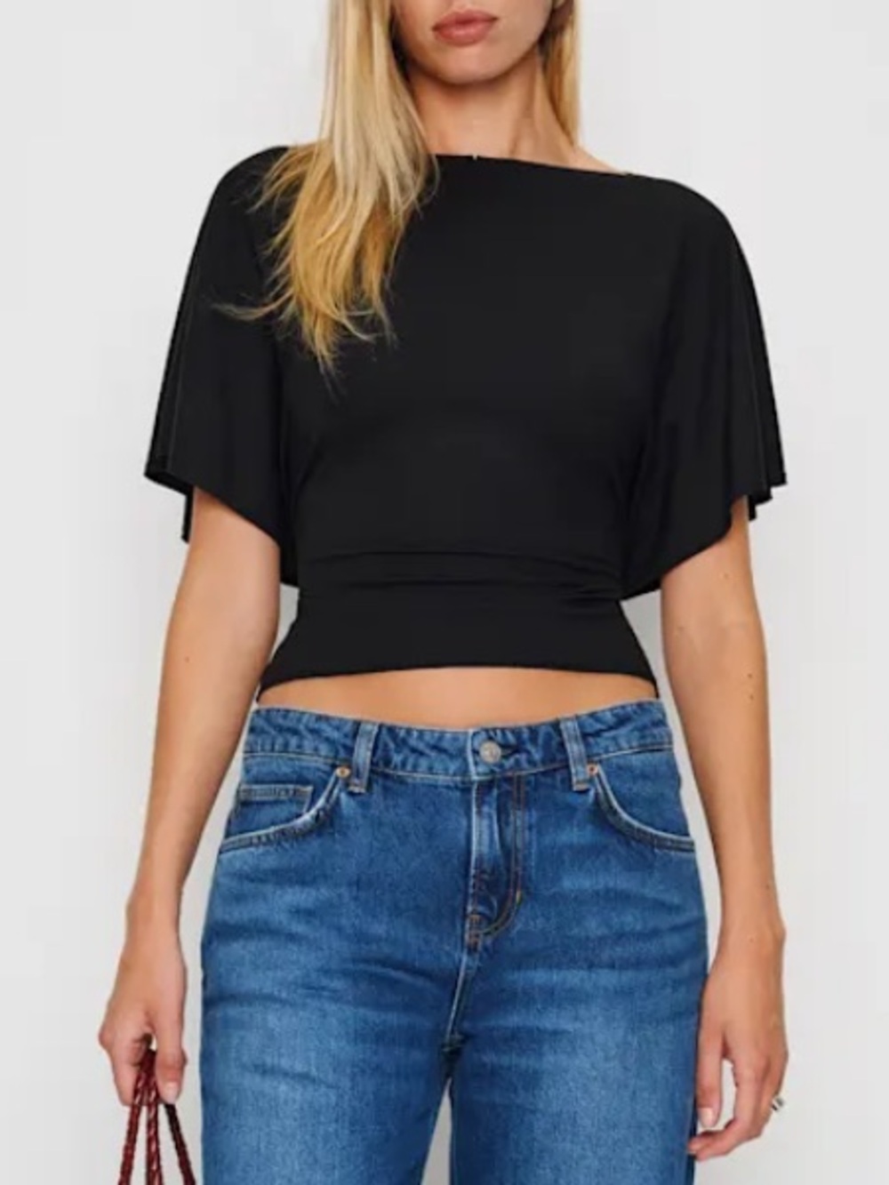 Reformation Avery Black knit top, boat neck, bell sleeve cinch belt waist XS
